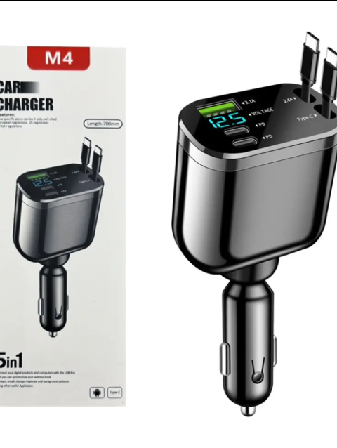 5 in 1 Super Fast Charging Dual Pull Out Retractable Car Charger 12 24V Output TYPE C Car Adapters with QC 3.0 Function